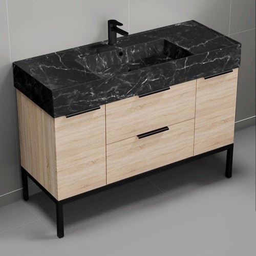 Nameeks DERIN969 Modern Bathroom Vanity With Black Marble Design Sink, Free Standing, 48 Inch, Brown Oak